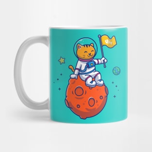 Cute Cat Astronaut Sitting On Moon With Flag Cartoon Mug